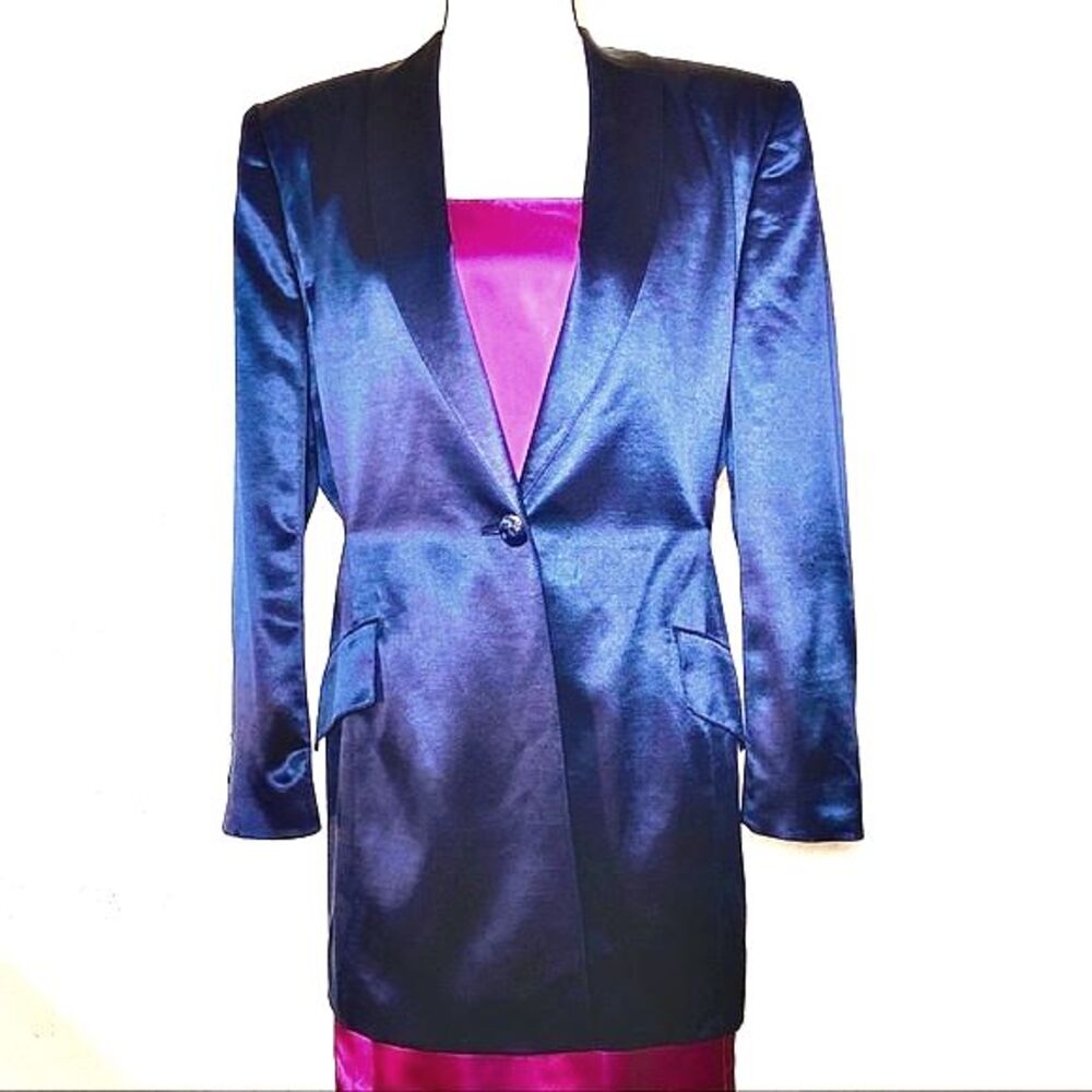 Vintage ESCADA Black Wool Silk Satin Blazer Jacket Tuxedo Longline Tailored M